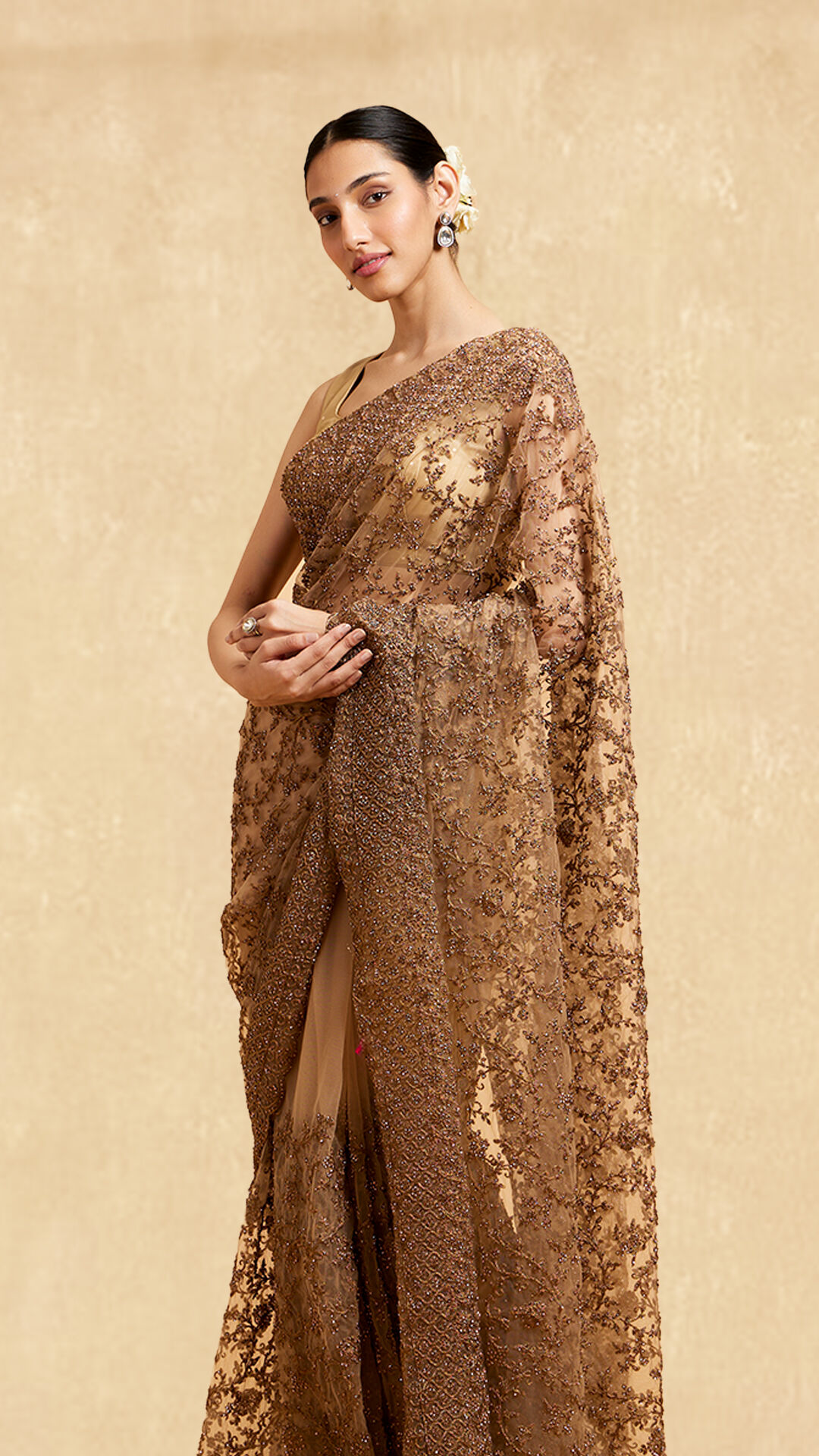 A woman wearing a saree with jewellery